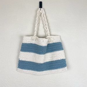 White Blue Striped Crochet Knit Beach Shoulder Bag